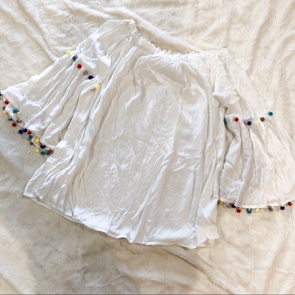 White Off the Shoulder Blouse with Pom Poms - Picture 5 of 5